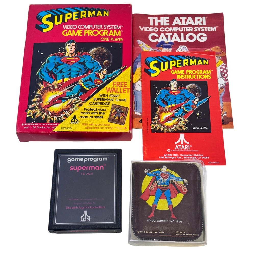 Atari 2600 Superman Game CX-2631 Box Manual & Vintage 1976 Superman Wallet Set